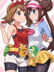  2girls absurdres bandana bare_shoulders bike_shorts bike_shorts_under_shorts black_pantyhose blue_eyes blush bow_hairband breast_press breasts brown_hair closed_mouth collarbone commentary donut_hair_bun double_bun fanny_pack hair_bun hairband hat highres holding holding_poke_ball large_breasts long_hair looking_at_another may_(pokemon) multiple_girls pantyhose pantyhose_under_shorts poke_ball poke_ball_(basic) poke_ball_print pokemoa pokemon pokemon_(creature) pokemon_black_2_and_white_2 pokemon_omega_ruby_and_alpha_sapphire purple_eyes raglan_sleeves red_shirt rosa_(pokemon) shirt shorts shorts_under_shorts sleeveless smile snivy symmetrical_docking torchic twintails visor_cap yellow_shorts 