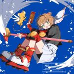  1girl :d antenna_hair black_shirt black_shorts blue_background brown_hair cardcaptor_sakura clow_card commentary_request from_side full_body fuuin_no_tsue green_eyes highres holding holding_wand kero_(cardcaptor_sakura) kinomoto_sakura knee_pads long_sleeves looking_at_viewer magical_girl miniskirt open_mouth pleated_skirt rii2a77ru roller_skates sailor_collar school_uniform shirt short_hair shorts skates skirt smile solo tomoeda_elementary_school_uniform wand white_sailor_collar white_skirt white_wings wings 