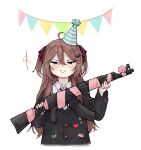  1girl ahoge ak-47 assault_rifle black_cardigan blush brown_hair cardigan commentary cropped_torso english_commentary evil_neuro-sama gift gun hair_between_eyes hair_ornament hair_ribbon hairclip half-closed_eyes hat highres holding holding_gift holding_gun holding_weapon kalashnikov_rifle long_hair long_sleeves party_hat pink_ribbon red_eyes red_ribbon ribbon rifle shankkei simple_background smile solo string_of_flags two_side_up vedal_ai virtual_youtuber weapon white_background 