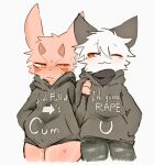  ambiguous_gender anthro blush clothing domestic_cat duo english_text explicit_text felid feline felis hoodie horn kemono lazycatto lazycatto_(character) mammal meme meme_clothing text text_on_clothing text_on_hoodie text_on_topwear topwear unknown_species 