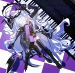  1girl absurdres blue_archive boots gun halo highres hina_(blue_archive) instrument long_hair machine_gun piano purple_halo solo very_long_hair weapon white_hair zimimimi 