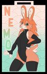 abstract_background absurd_res anthro armwear black_armwear black_clothing black_legwear black_topwear closed_smile clothed clothing female female_anthro fur glistening glistening_eyes green_eyes hair hardscales hi_res lagomorph legwear leporid long_ears long_hair looking_at_viewer mammal mouth_closed orange_body orange_ears orange_fur orange_hair portrait rabbit smile solo standing three-quarter_portrait topwear