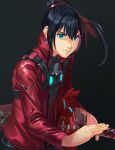  1boy a_(user_vtsy8742) bangs black_hair blue_eyes closed_mouth hair_tie highres jacket long_hair looking_at_viewer male_focus noah_(xenoblade) ponytail red_jacket shirt simple_background solo sword weapon xenoblade_chronicles_(series) xenoblade_chronicles_3 