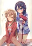  2girls ^_^ absurdres adachi_sakura adachi_to_shimamura black_hair blush brown_hair closed_eyes drying drying_hair grin hair_dryer highres holding kneeling light long_hair medium_hair multiple_girls shimamura_hougetsu sitting smile suzushi_moruto v_arms wavy_mouth 