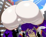  ass bodysuit boku_no_hero_academia breasts building cellphone city cityscape cloud domino_mask giant giantess highres horns large_breasts long_hair mask mount_lady open_mouth outdoors phone purple_eyes skin_tight smartphone smile superhero taking_picture warren_blakely 