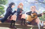  3girls :d acoustic_guitar aqua_eyes black_coat black_socks blonde_hair blue_hair blue_ribbon blue_sky book brown_cardigan brown_dress brown_shoes cardigan cloud coat composing_music curtained_hair day dress dutch_angle falling_leaves flower full_body game_asset gradient_hair guitar hair_flower hair_ornament hair_ribbon half_updo hasu_no_sanrenka hasu_no_sora_school_uniform highres hinoshita_kaho holding holding_book holding_guitar holding_instrument holding_notebook holding_pencil index_finger_raised instrument leaf link!_like!_love_live! loafers long_hair long_sleeves looking_at_another love_live! mechanical_pencil medium_dress medium_hair multicolored_hair multiple_girls murano_sayaka neckerchief non-web_source notebook official_art open_cardigan open_clothes open_coat open_mouth orange_hair osawa_rurino outdoors parted_bangs pencil pink_flower pleated_dress rabbit_hair_ornament red_neckerchief red_ribbon ribbon sailor_collar sailor_dress school_uniform self-datamine shoes sitting sitting_on_stairs sky smile socks stairs teeth twintails two_side_up upper_teeth_only virtual_youtuber white_sailor_collar white_socks winter_uniform 