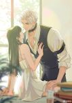  1boy 1girl arm_belt bare_shoulders belt_collar black_pants black_vest brown_hair buttons chinese_commentary closed_mouth collar collared_shirt commentary_request couple day dress dress_shirt hand_on_another's_leg hetero highres holding_hands indoors long_hair long_sleeves looking_at_another love_and_deepspace nose official_alternate_costume on_table open_clothes open_shirt pants parted_bangs protagonist_(love_and_deepspace) red_eyes shirt short_hair sleeveless sleeveless_dress sleeves_rolled_up suit_pants sylus_(love_and_deepspace) table vest waistcoat watermark weibo_username weibo_watermark white_dress white_hair white_shirt zhishuo418 