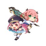  2girls aikawa_megumi back-to-back black_hat chibi chibi_only chikuwa0u0 closed_mouth commentary_request greatsword green_eyes hair_tie hat heaven_burns_red highres holding holding_sword holding_weapon kunimi_tama looking_at_viewer multiple_girls open_mouth pink_eyes pink_hair school_uniform sword weapon 