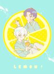  2boys absurdres asymmetrical_bangs ballro blue_background blue_lock blue_shirt brown_eyes buttons closed_mouth collared_shirt cup food fruit glass hand_on_own_cheek hand_on_own_face highres holding holding_cup juice lemon lemon_slice long_sleeves looking_at_viewer messy_hair mikage_reo multiple_boys nagi_seishirou orange_juice pants partially_unbuttoned purple_eyes purple_hair shirt short_hair simple_background smile uneven_bangs white_hair 