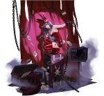  1girl artist_request asymmetrical_gloves black_gloves box card chain criss-cross_straps curtains dress fake_tail floating_card gloves heart high_heels holding holding_key key lipstick_mark long_hair mask mask_on_head mbcc_insignia_(path_to_nowhere) mismatched_gloves official_art one_eye_closed path_to_nowhere pink_eyes playing_card pricilla_(path_to_nowhere) purple_hair rabbit_tail red_dress red_gloves red_lips red_mask red_thigh_boots smoke tail 
