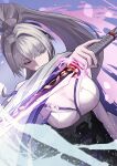  1girl absurdres bare_shoulders blue_hakama breasts commentary_request cowboy_shot hair_intakes hakama hakama_skirt highres hiyuki_(wuthering_waves) holding holding_sword holding_weapon japanese_clothes katana large_breasts long_hair nail_polish off_shoulder ponytail purple_eyes purple_nails ryotefu_illust skirt solo sword weapon white_hair wuthering_waves 