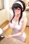  1girl apron aztodio bangs bare_arms bare_shoulders black_hair breasts cleavage collarbone commentary english_commentary hairband holding holding_spoon indoors large_breasts long_hair looking_at_viewer naked_apron red_eyes revision sidelocks smile solo spoon spy_x_family upper_body white_apron white_hairband yor_briar 