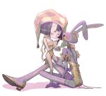  1boy 1girl animal_ears applying_another's_makeup applying_makeup black_eyes black_hair blue_eyes colored_sclera colored_skin commentary cosmetics furry furry_male gold_leotard gold_shoes hat highres holding holding_lipstick_tube jax_(the_amazing_digital_circus) jester_cap kanu_(munoou00) leotard lipstick_tube multicolored_eyes pomni_(the_amazing_digital_circus) rabbit_boy rabbit_ears red_eyes shoes short_hair sitting strapless strapless_leotard the_amazing_digital_circus two-tone_eyes white_skin yellow_sclera 