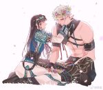  1boy 1girl abs arm_ribbon black_boots black_pants blue_dress boots brown_hair chinese_commentary closed_eyes closed_mouth commentary_request couple dress facing_another full_body gold_trim hair_ornament half-closed_eyes head_wreath hetero light_smile long_hair long_sleeves love_and_deepspace official_alternate_costume on_ground pants parted_bangs protagonist_(love_and_deepspace) puffy_sleeves red_eyes ribbon short_hair sylus_(grassland_romance)_(love_and_deepspace) sylus_(love_and_deepspace) toned toned_male two-tone_dress watermark weibo_username weibo_watermark white_dress white_hair wide_sleeves zhishuo418 