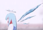  1girl absurdres alternate_hair_length_(longer) blink_(hontsev) blue_eyes blue_hair blue_vest chinese_commentary cirno commentary_request from_side halo highres ice ice_wings long_hair no_hair_bow red_scarf scarf shirt solo touhou upper_body vest white_shirt wings 