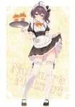  1girl :d absurdres ahoge alternate_costume apron black_ribbon blue_eyes bow bowtie breasts brown_dress brown_hair buttons character_name commentary_request cup curio_(curiofinity) detached_collar double-breasted dress frilled_apron frilled_thighhighs frills full_body grin hair_ribbon highres holding holding_own_dress holding_tray hololive looking_at_viewer maid maid_headdress mary_janes matsurisu medium_hair name_tag natsuiro_matsuri orange_bow orange_bowtie puffy_short_sleeves puffy_sleeves ribbon shoes short_sleeves side_ponytail sidelocks small_breasts smile solo standing thighhighs tray virtual_youtuber waist_apron white_thighhighs wrist_cuffs 