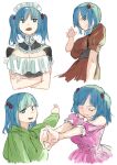  1girl :d absurdres alternate_costume blue_eyes blue_hair breasts brown_dress cleavage closed_mouth dress enmaided green_hoodie hair_bobbles hair_ornament hand_up highres hood hood_down hoodie interlocked_fingers kawashiro_nitori long_sleeves looking_at_viewer maid multiple_views okbnkn one_eye_closed open_mouth outstretched_arms puffy_short_sleeves puffy_sleeves sash short_sleeves smile stretch touhou twintails two_side_up v 