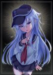  1girl anchor_symbol black_headwear black_legwear black_sailor_collar black_skirt blue_eyes collarbone cowboy_shot fingernails flat_cap hair_between_eyes hat hibiki_(kancolle) highres hikobae kantai_collection long_hair long_sleeves neckerchief open_mouth pleated_skirt red_neckerchief sailor_collar school_uniform serafuku skirt smile solo thighhighs white_hair 