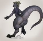  absurd_res anthro big_butt blush butt claws digital_media_(artwork) finger_claws green_hair grey_body grey_scales hair hi_res looking_at_viewer looking_back looking_back_at_viewer nude on_one_leg open_mouth romarom scales scalie shaded simple_background solo standing tengri_(romarom) tenontosaurus toe_claws white_background 
