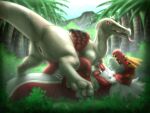 absurd_res after_sex animal_genitalia anklecuffs baryonyx bodily_fluids brown_claws circle_(marking) claws cloaca cloaca_juice cloaca_juice_drip cloaca_juice_on_cloaca cuff_(restraint) dinosaur dominant dominant_female dominant_feral duo fan_character fangs female female/female female_dominating_female feral feral_on_feral flower flower_accessory fossil_pokemon generation_6_pokemon genital_fluids genitals glowing glowing_eyes handcuffs hexagon hi_res horizontal_cloaca interspecies leg_markings lemonsausagedragon lying markings metal_cuffs nature_background nintendo on_back open_mouth orange_fangs pinstripes plant pokemon pokemon_(species) prehistoric_species red_body red_eyes red_scales reptile restraints saurischian scales scalie signature socks_(marking) spinosaurid submissive submissive_female submissive_feral tan_body tan_scales tapering_tongue team_rocket teeth theropod tongue tongue_out tyrantrum vertical_cloaca