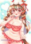  1girl absurdres alternate_breast_size_(larger) animal_ears bare_arms bare_shoulders bikini blush breasts brown_hair collarbone commentary_request ear_covers ear_ribbon frilled_bikini frills hair_between_eyes highres horse_ears horse_girl horse_tail long_hair looking_at_viewer marker_(medium) mimikuro multicolored_hair navel open_mouth red_bikini red_eyes ribbon smile solo still_in_love_(umamusume) stomach streaked_hair swimsuit tail traditional_media umamusume veil white_streaks white_veil 