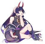  1boy alternate_hair_length alternate_hairstyle androgynous bad_id bad_twitter_id eyeliner genshin_impact highres horns japanese_clothes lilyglazed long_hair looking_to_the_side makeup male_focus mitsudomoe_(shape) nail_polish off_shoulder purple_eyes purple_hair purple_nails red_eyeliner red_horns scaramouche_(genshin_impact) sleeveless smile solo tomoe_(symbol) white_background 