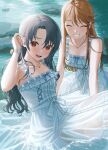  :d ^_^ ^o^ absurdres alternate_costume blush closed_eyes collarbone dress grin highres idolmaster idolmaster_million_live! lens_flare looking_at_viewer mimizubare red_eyes sleeveless sleeveless_dress smile stone takayama_sayoko tokoro_megumi water wet wet_clothes white_dress 