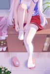  1girl azur_lane breasts chinese_commentary cleavage commentary_request head_out_of_frame highres indoors jacket jacket_removed knee_up laffey_(azur_lane) light_purple_hair pink_footwear pink_jacket pleated_skirt putting_on_legwear red_skirt see-through see-through_legwear sitting skirt slippers slippers_removed small_breasts solo strap_slip tank_top thighhighs thighs toes twintails white_legwear xiao_shi_lullaby 