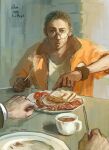  2boys :t aegyo_sal arm_hair azzz_6687 bacon beans black_eyes black_hair bomber_jacket bread bread_slice breakfast buzz_cut chewing cup disco_elysium eating facial_hair food fork gloves hair_slicked_back harry_du_bois highres holding holding_fork holding_knife jacket kim_kitsuragi knife looking_at_viewer male_focus multiple_boys mustache_stubble orange_gloves orange_jacket outstretched_arm painterly plate pout pov pov_hands round_eyewear sausage shirt short_hair stubble toast tomato very_short_hair white_shirt 