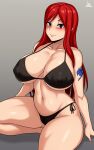  1girl abs absurdres arm_support arm_tattoo arms_behind_back bikini black_bikini breasts cleavage erza_scarlet fairy_tail grey_background hair_down halterneck highres jmg large_breasts mixed-language_commentary navel ponytail red_eyes red_hair side-tie_bikini smile strap_gap string_bikini swimsuit tattoo toned twitter_username 