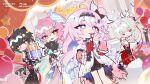  4girls absurdres aemeath_(wuthering_waves) balloon bare_shoulders black_hair blowing_bubbles box bubble_wand chibi chibi_only colored_inner_hair cup denia_(wuthering_waves) dress elbow_gloves elbow_pads english_text female_rover_(wuthering_waves) gaogao_(gaogaomegu) gift gift_box gloves hair_ornament hand_on_own_hip highres hiyuki_(wuthering_waves) holding holding_cup holding_gift holding_party_popper holding_stuffed_toy japanese_clothes kimono long_hair looking_at_viewer multicolored_hair multiple_girls official_art open_mouth orange_eyes parted_lips party_popper pink_hair ponytail purple_eyes purple_hair red_eyes red_gloves rover_(wuthering_waves) smile star_balloon stuffed_toy white_dress white_gloves white_hair white_kimono wuthering_waves yellow_eyes 