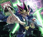  1boy arm_up belt belt_buckle black_belt black_shirt blue_pants bright_pupils buckle card chain closed_mouth collarbone commentary_request duel_disk furrowed_brow highres holding holding_card jacket jacket_on_shoulders male_focus millennium_puzzle multicolored_hair nidonenitukiru9 pants purple_eyes shirt solo spiked_hair swords_of_revealing_light white_pupils yami_yugi yu-gi-oh! yu-gi-oh!_duel_monsters 