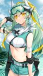  1girl bangs blush breasts dragon_girl dragon_horns fate/grand_order fate_(series) green_hair highres horns kiyohime_(fate) kiyohime_(jurassic_dream)_(fate) long_hair looking_at_viewer medium_breasts morizono_shiki multiple_horns solo thighs yellow_eyes 