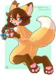  2022 4_fingers 4_toes accessory ahoge anthro blue_eyes blush border braided_tail breasts brown_body brown_fur brown_hair brown_nose butt canid canine chest_tuft claws convenient_censorship digitigrade dipstick_ears dipstick_tail english_text fangs feet female finger_claws fingers fluffy fox fur gloves_(marking) hair hair_accessory hair_bow hair_ribbon happy hi_res japanese_text kemono koto0v0haru leg_markings looking_at_viewer looking_back mammal markings multicolored_body multicolored_ears multicolored_fur multicolored_tail nude open_mouth open_smile pawpads paws ribbons smile smiling_at_viewer socks_(marking) solo tail_markings teeth text toes tongue translation_request tuft watermark white_body white_border white_fur yellow_body yellow_fur 