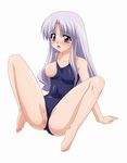  absurdres azmaria_hendric barefoot blush breast_slip breasts chrono_crusade covered_nipples full_body highres medium_breasts nipples one_breast_out purple_hair pussy red_eyes simple_background solo spread_legs sugimura_tomokazu swimsuit swimsuit_aside toes uncensored white_background 
