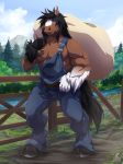  2018 anthro black_hair blue_eyes clothed clothing day detailed_background digital_media_(artwork) equine fence grass hair hooves horse lapres male mammal outside sky smile solo standing 