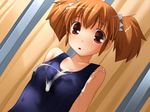  after_sex brown_hair cum cum_on_clothes game_cg koyuki_(may_reason) may_reason one-piece_swimsuit pochi_katou red_eyes school_swimsuit short_twintails solo swimsuit twintails 