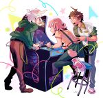  1girl 2boys ahoge alternate_costume arcade_cabinet bangs blue_background breasts brown_pants brown_shirt collared_shirt danganronpa_(series) danganronpa_2:_goodbye_despair flipped_hair galaga green_jacket green_legwear green_skirt hair_ornament highres hinata_hajime hood hood_down hooded_jacket jacket komaeda_nagito large_breasts medium_hair multiple_boys nanami_chiaki nena_(nenanugget) open_mouth pants pink_hair pleated_skirt red_background shiny shiny_hair shirt short_hair short_sleeves skirt standing stool suspender_skirt suspenders teeth thighhighs upper_teeth watermark white_background white_shirt yellow_background 