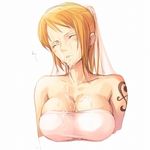  breasts bride cleavage cum dress facial large_breasts mosha nami_(one_piece) one_piece solo tattoo wedding_dress 