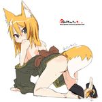  animal_ears bare_shoulders blonde_hair breasts copyright_request fox_ears grey_eyes japanese_clothes looking_back medium_breasts no_panties oekaki onija_tarou sideboob solo 