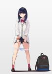  1girl backpack bag black_hair black_skirt blue_eyes bow bowtie breasts brown_footwear buttons cardigan clothes_lift collared_shirt commentary eyebrows_visible_through_hair full_body grey_background gridman_universe legs_apart lifted_by_self loafers looking_at_viewer medium_hair miniskirt panties panty_pull parted_lips red_bow red_bowtie red_legwear shadow shirt shoes simple_background skirt skirt_lift small_breasts socks solo ssss.gridman standing takarada_rikka thighs underwear white_cardigan white_panties white_shirt wing_collar yuzuriha_(active_homing) 