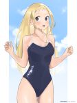 1girl absurdres blonde_hair blue_eyes blue_swimsuit breasts competition_school_swimsuit cowboy_shot forehead highres jewelry kofune_ushio long_hair looking_at_viewer luis_rosso necklace school_swimsuit small_breasts solo summertime_render swimsuit 