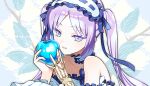  1girl bangs blue_apple eyebrows_visible_through_hair fate/hollow_ataraxia fate_(series) food fruit hairband holding holding_food holding_fruit jewelry lolita_hairband long_hair looking_at_viewer necklace off_shoulder purple_eyes purple_hair puteru smile solo stheno_(fate) twitter_username upper_body 