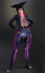  3d black_hair breasts coat eyepatch formal gloves han_juri hand_on_hip highres hot huge_breasts jacket lewdink looking_at_viewer non-web_source open_clothes open_coat open_jacket purple_eyes street_fighter suit toned uniform 