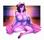  anthro asian_clothing breast_grab breasts canid canine canis clothing domestic_dog east_asian_clothing evening female genitals hand_on_breast invalid_tag japanese_clothing kimono mammal nipples paws pink_nipples pussy smile solo solo_focus tillkunkun up 