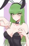  1girl :&lt; animal_ears arm_strap artist_name bangs bare_arms black_bow black_bowtie black_hairband black_legwear blunt_bangs bow bowtie breasts c.c. cleavage closed_mouth code_geass collar collarbone commentary detached_collar english_commentary fake_animal_ears green_hair hairband hands_up highres long_hair looking_at_viewer medium_breasts orouu playboy_bunny rabbit_ears ringed_eyes signature solo straight_hair sweat traditional_bowtie tsurime upper_body white_collar wing_collar yellow_eyes 