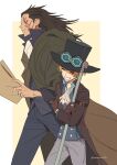  2boys ^_^ ^o^ ascot black_hair blonde_hair cape closed_eyes coat crossed_arms eyewear_on_headwear facial_mark gloves hat highres holding industrial_pipe long_hair male_focus monkey_d_dragon mulso multiple_boys one_piece sabo_(one_piece) smile 