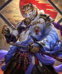  abs asian_clothing brown_body brown_fur chinese_zodiac clothing east_asian_clothing felid fur hi_res holidays japanese_clothing katana kazashino looking_at_viewer male mammal melee_weapon muscular new_year pantherine pawpads pecs solo stripes sword tiger weapon whiskers year_of_the_tiger 