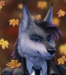  absurd_res anthro blue_eyes canid canine canis ear_piercing facial_piercing goldapolloart hair hi_res leaf male mammal nose_piercing piercing pose realistic realistic_fur scar sergal-wolf simonartheria smile solo wolf 