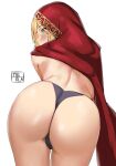  1girl aqua_eyes artist_name ass back bangs bent_over black_panties blonde_hair blush cape elden_ring eyebrows_visible_through_hair from_behind highres hood hooded_cape looking_at_viewer looking_back panties red_cape roderika_(elden_ring) short_hair simple_background solo tierla underwear white_background 